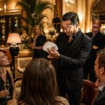 Artiste réalisant une animation magique devant les clients d’un hôtel lors d’une soirée conviviale.