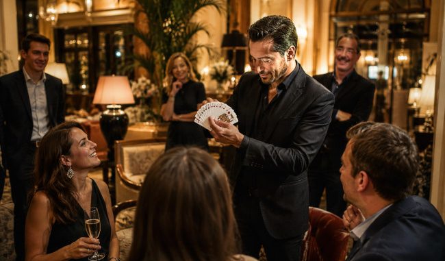 Artiste réalisant une animation magique devant les clients d’un hôtel lors d’une soirée conviviale.