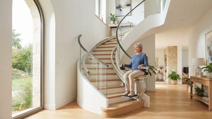 Monte-escalier moderne sur un escalier tournant, maison lumineuse